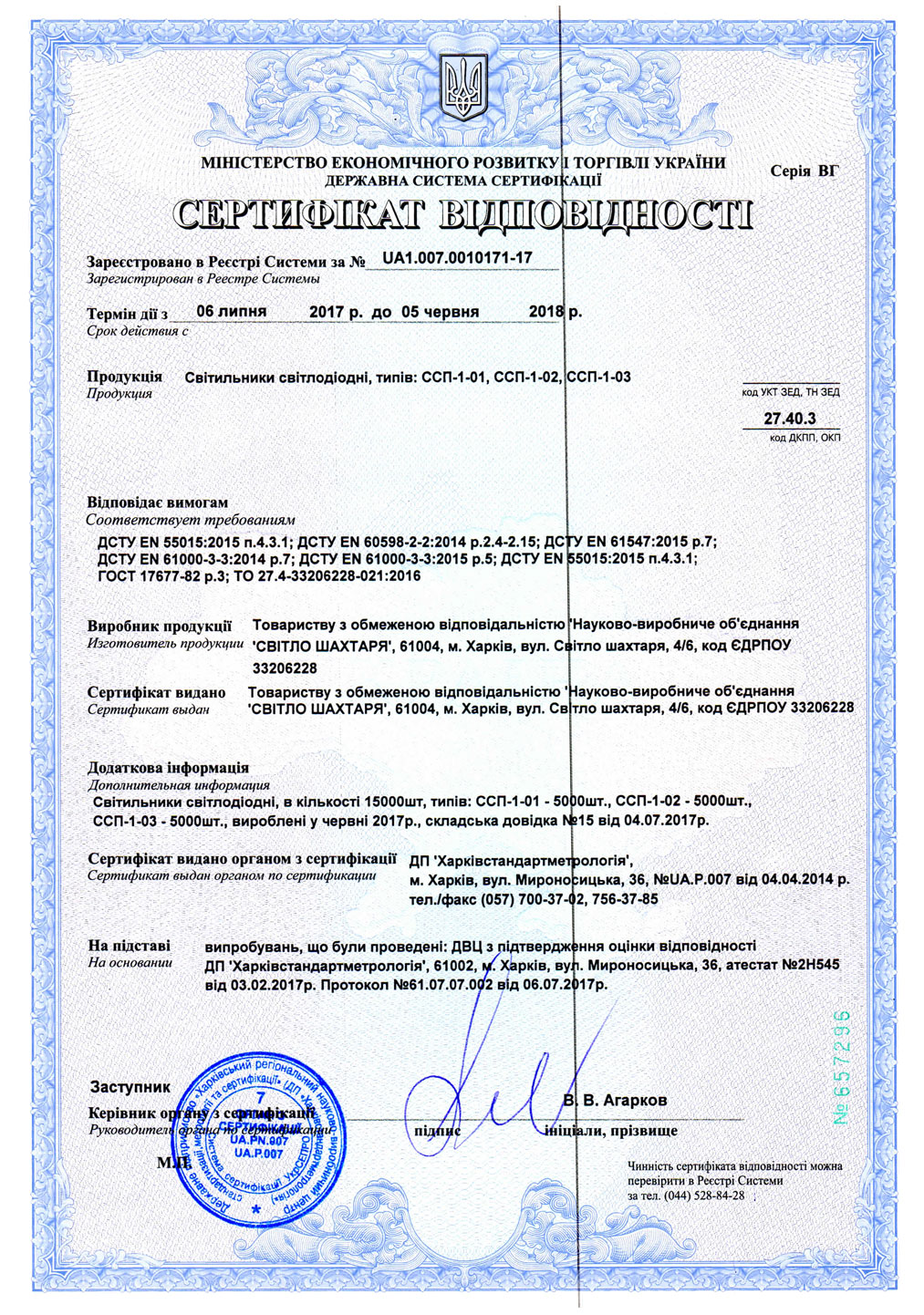 Certificate of LED luminaires SSP-1-01, SSP-1-02, SSP-1-03